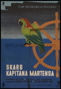 3h0875 TREASURE OF CAPTAIN MARTENS Polish 23x34 1957 Anczykowski art of parrot on ship's wheel!