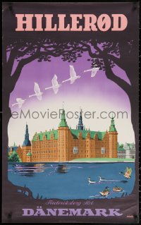 3h0134 HILLEROD 24x39 Danish travel poster 1950s birds flying over Frederiksborg Castle!