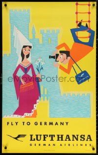3h0138 LUFTHANSA GERMANY 25x40 German travel poster 1950s man hanging from ladder photographing woman!