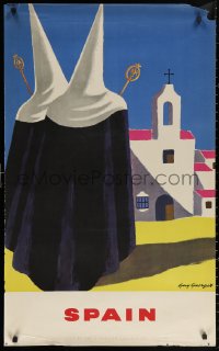 3h0153 SPAIN 24x39 Spanish travel poster 1954 art of two church goers wearing capirotes by Georget!