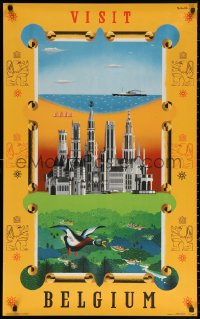 3h0147 VISIT BELGIUM 24x39 Belgian travel poster 1940s Schell art of medieval town, duck and more!