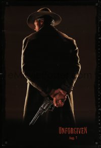 3h0601 UNFORGIVEN teaser DS 1sh 1992 image of gunslinger Clint Eastwood w/back turned, dated design!