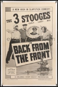 3j0196 BACK FROM THE FRONT linen 1sh 1943 Three Stooges, Moe, Larry & Curly capture Nazi ship, rare!