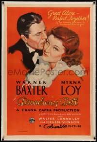 3j0219 BROADWAY BILL linen style B 1sh 1934 Frank Capra, best art of Warner Baxter & Myrna Loy, rare!