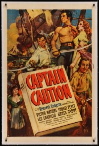3j0221 CAPTAIN CAUTION linen 1sh 1940 art of barechested swashbuckler Victor Mature on ship at sea!
