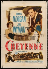 3j0225 CHEYENNE linen 1sh 1947 smoking Dennis Morgan w/six-shooter, Jane Wyman, Janis Page!