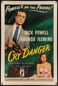 3j0234 CRY DANGER linen 1sh 1951 great film noir art of Dick Powell loading gun by Rhonda Fleming!