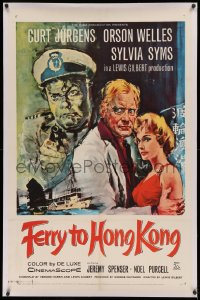 3j0264 FERRY TO HONG KONG linen 1sh 1960 art of Curt Jurgens, Syms & Orson Welles pointing gun!