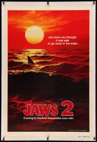 3j0323 JAWS 2 linen dated teaser 1sh 1978 art of man-eating shark's fin in red water at sunset!