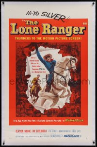 3j0338 LONE RANGER linen 1sh 1956 cool art of Clayton Moore & Silver leaping out of the poster!