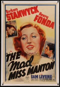 3j0345 MAD MISS MANTON linen 1sh 1938 rich Barbara Stanwyck & society friends try to solve a murder!