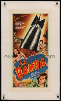 3j0055 BOMBA linen 13x25 Mexican poster 1961 Jaroslav Balik, unexploded bombs in a Czech town, rare!