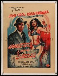 3j0057 GANGSTERS CONTRA CHARROS linen Mexican poster 1948 Obreggion art of sexy woman & crook w/gun!