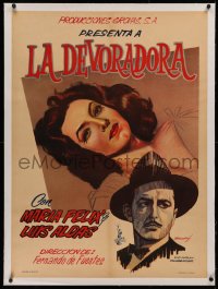 3j0058 LA DEVORADORA linen Mexican poster 1946 art of beautiful Maria Felix & Luis Aldas, ultra rare!