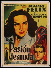 3j0059 LA PASION DESNUDA linen Mexican poster 1953 Francisco Diaz Moffitt art of pretty Maria Felix!