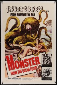 3j0361 MONSTER FROM THE OCEAN FLOOR linen 1sh 1954 cool art of the octopus beast attacking sexy girl!
