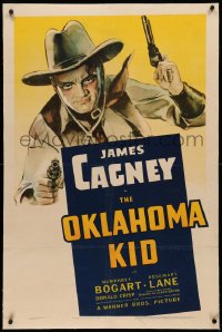 3j0372 OKLAHOMA KID linen 1sh 1939 best art of cowboy James Cagney with two guns drawn, ultra rare!