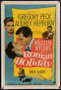 3j0418 ROMAN HOLIDAY linen 1sh 1953 Audrey Hepburn & Gregory Peck about to kiss and riding on Vespa!
