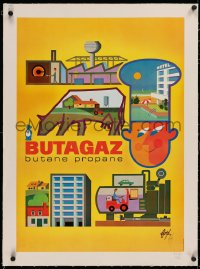 3j0124 BUTAGAZ signed linen 19x27 French advertising poster 1980 by the artist, Fore, butane gas!