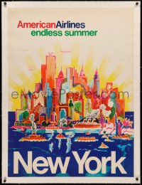 3j0165 AMERICAN AIRLINES NEW YORK linen 30x40 travel poster 1970s Bertschmann art, endless summer!