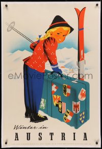 3j0157 AUSTRIA linen 25x37 Austrian travel poster 1950s art of young girl with suitcase & skis, rare!