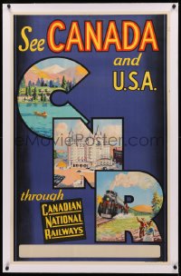3j0179 CANADIAN NATIONAL RAILWAY linen 25x40 English travel poster 1930s montage art of sites to see!