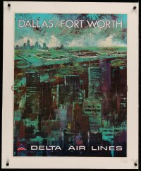 3j0178 DELTA AIR LINES DALLAS/FORT WORTH linen 22x28 travel poster 1970s Laycox art of downtown!