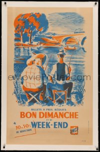 3j0183 FRENCH NATIONAL RAILROADS linen 25x39 French travel poster 1951 Bon Dimanche, Abel fishing art!