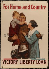 3j0118 FOR HOME & COUNTRY linen 30x40 WWI war poster 1918 Alfred Everitt Orr art of reunited family!
