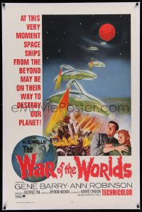 3j0471 WAR OF THE WORLDS linen 1sh R1965 H.G. Wells & George Pal, great different warship art!
