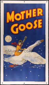 3k0134 MOTHER GOOSE linen stage play English 3sh 1930s art of mom holding broom & riding goose!
