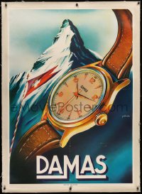 3k0147 DAMAS linen 35x50 Swiss advertising poster 1950s art of giant wristwatch over Matterhorn!