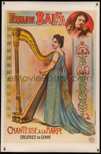 3k0178 FERNANDE BALFA linen 32x46 French music poster 1900s Candido de Faria art of singer w/ harp!