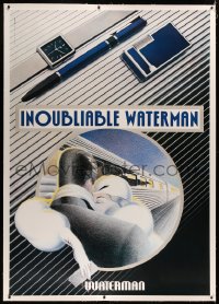 3k0173 WATERMAN linen 47x67 French advertising poster 1980 art of couple by train & fountain pen!