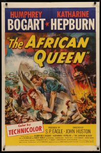 3m0200 AFRICAN QUEEN 1sh 1952 colorful action montage art of Humphrey Bogart & Katharine Hepburn!