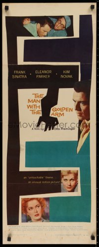 3m0055 MAN WITH THE GOLDEN ARM insert 1956 Frank Sinatra is hooked, classic Saul Bass art & design!