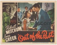 3m0306 OUT OF THE PAST LC #6 1947 Robert Mitchum & Jane Greer stare lovingly at casino craps table!