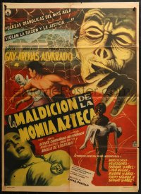 3m0190 LA MALDICION DE LA MOMIA AZTECA Mexican poster 1957 cool Aztec mummy & masked wrestler art!