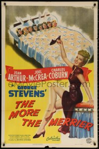 3m0228 MORE THE MERRIER style B 1sh 1943 misleading art of sexy Jean Arthur + 8 girls in bed, rare!