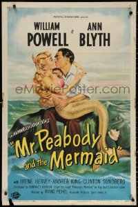 3m0229 MR. PEABODY & THE MERMAID 1sh 1948 great romantic art of William Powell & mermaid Ann Blyth!