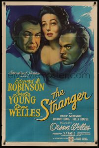 3m0242 STRANGER 1sh 1946 cool artwork of Nazi Orson Welles, Edward G. Robinson & Loretta Young!