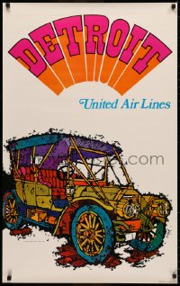 3m0111 UNITED AIR LINES DETROIT 25x40 travel poster 1969 Jebray art of early automobile, rare!