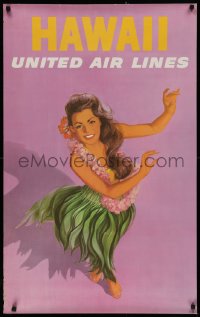 3m0112 UNITED AIR LINES HAWAII 25x40 travel poster 1960s great art of beautiful hula dancer, rare!