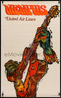 3m0113 UNITED AIR LINES MEMPHIS 25x40 travel poster 1970s great Jebray art of blues guitar, rare!