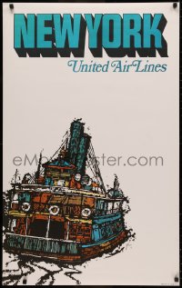 3m0114 UNITED AIR LINES NEW YORK 25x40 travel poster 1967 cool Jebray art of ferry boat!