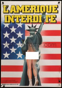 3p0142 THIS IS AMERICA French 15x22 1982 wacky different art of half-naked Lady Liberty by Landi!
