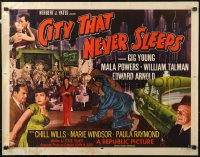 3p0827 CITY THAT NEVER SLEEPS style B 1/2sh 1953 Young, Powers, cool art of gunfight in Chicago!