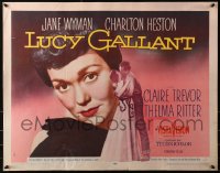 3p0981 LUCY GALLANT style A 1/2sh 1955 art of Jane Wyman, plus full-length kissing Charlton Heston!