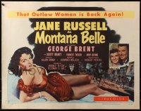 3p1003 MONTANA BELLE style B 1/2sh 1952 George Brent, sexy Jane Russell, that Outlaw woman is back!
