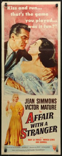 3p0545 AFFAIR WITH A STRANGER revised insert 1953 great artwork of Jean Simmons, Victor Mature!